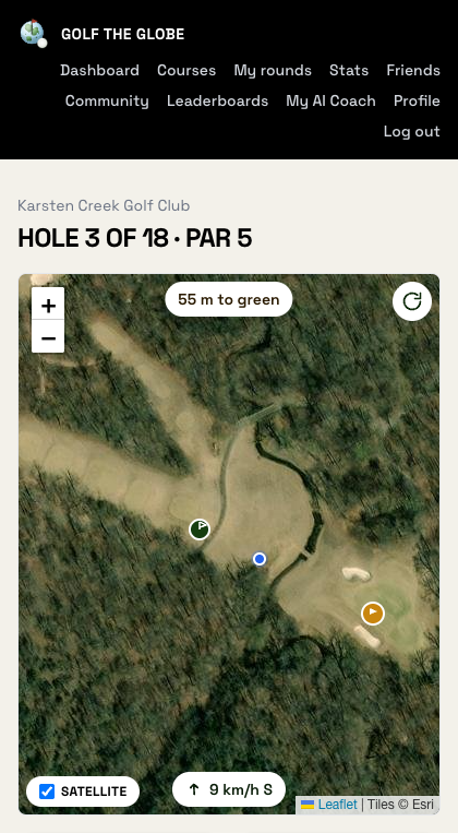 Live hole map with distance to green